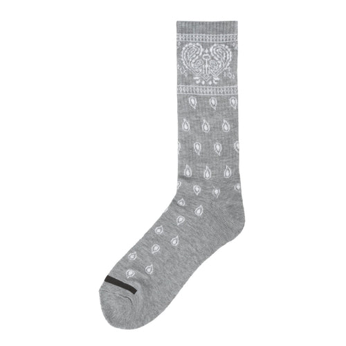 Grey crew sock with white bandana paisley pattern