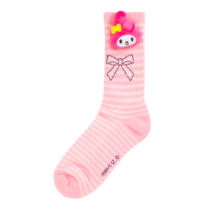 Pink My Melody pom head crew socks for adults, striped with character face and bow