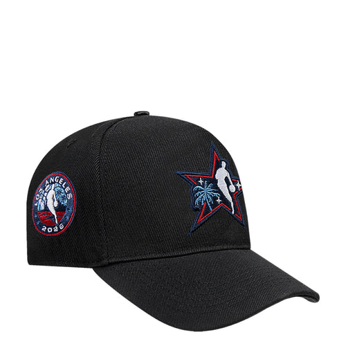 Black snapback cap with star basketball logo and a round left-side patch