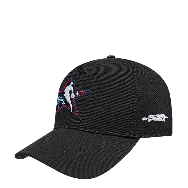 Black snapback cap with side embroidered star basketball graphic and small emblem