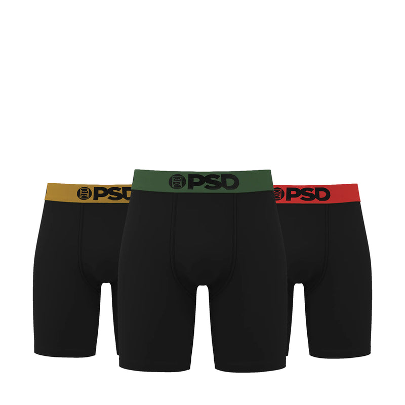 Men's cotton-blend boxer briefs, black 3-pack with PSD logo waistbands: green, gold, red