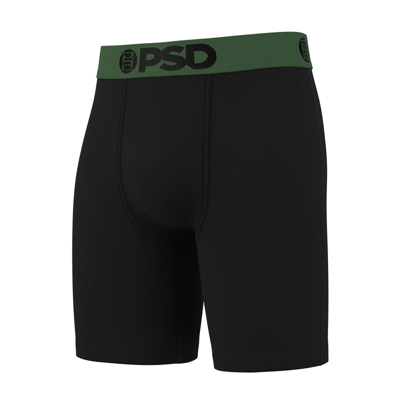Men's cotton-blend boxer briefs, black with green PSD logo waistband
