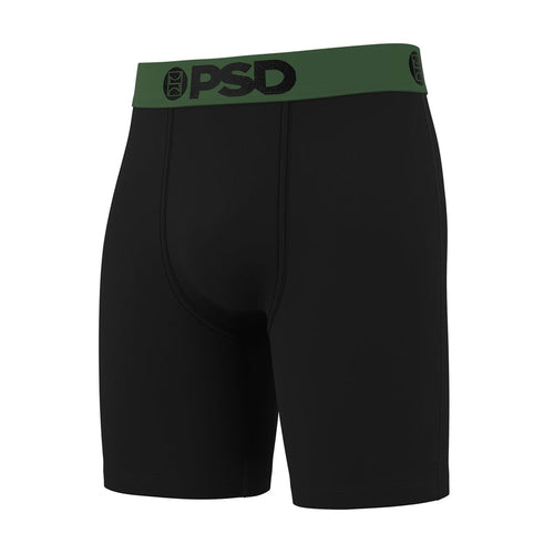 Men's cotton-blend boxer briefs, black with green PSD logo waistband