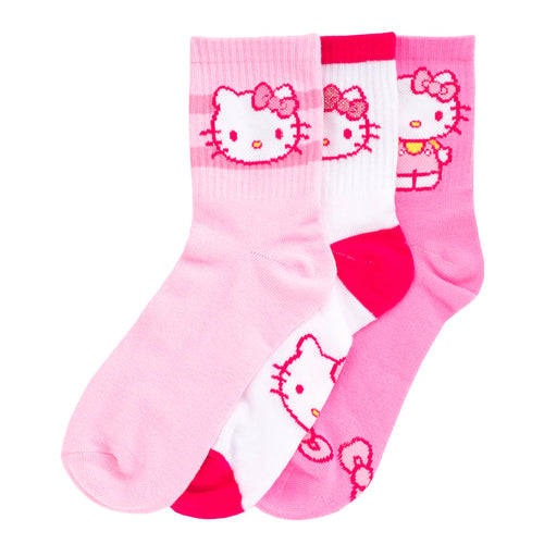 3-pack shiny mid-crew socks in pink with white Hello Kitty faces and bows