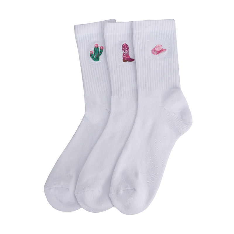 White half-crew socks, 3-pack with embroidered cactus, hat, and boot icons