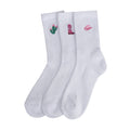 Three-pack white half crew socks with embroidered cactus, boot, and hat accents