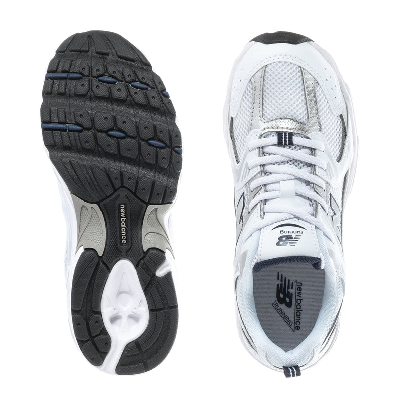 Kids sneaker soles and upper view, white mesh with navy heel tab