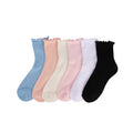 6-pack medium crew socks with lettuce welt cuffs in blue, pink, white, black