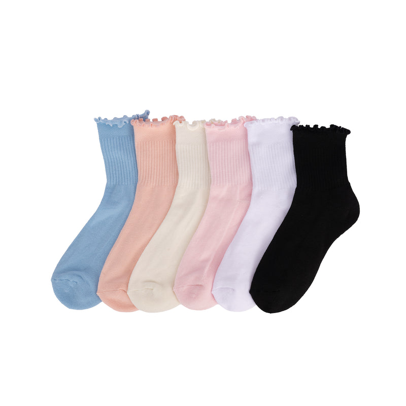 6-pack medium crew socks with lettuce welt cuffs in blue, pink, white, black