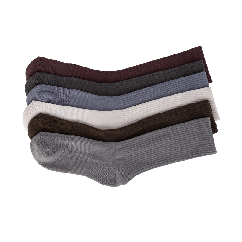 6-pack crew socks, ribbed cuffs in burgundy, charcoal, light gray, and stripes