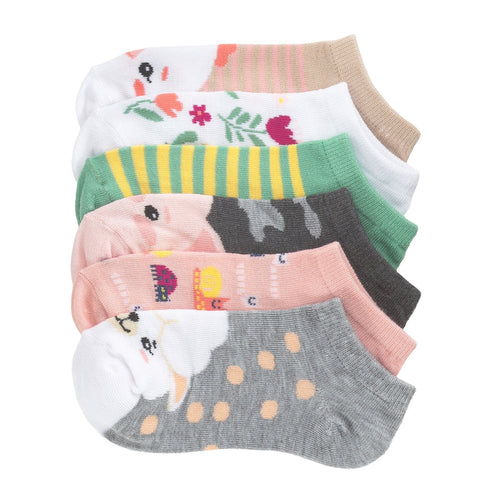 6-pack small no-show socks with multicolor farm animal and stripe patterns