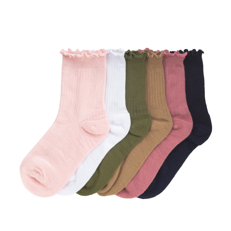 6-pack ribbed quarter socks with lettuce edge in pink, cream, olive, rose, black
