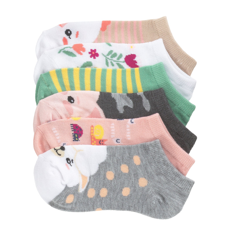 6-pack x-small no-show socks with farm animal prints, striped and dotted patterns