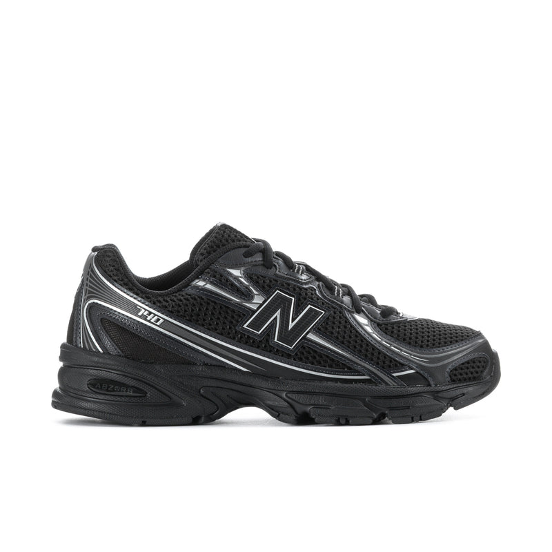 Men's black running shoes with metallic trim, mesh upper, lace-up front, chunky sole