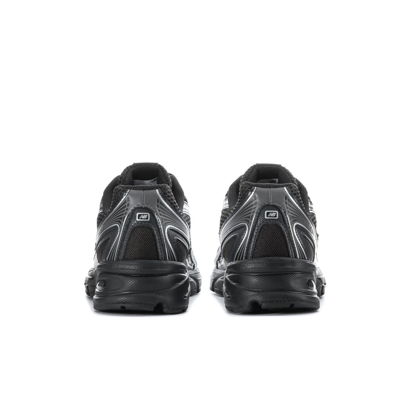 Men's black running shoes from the back with padded heel, heel tabs, and metallic accents