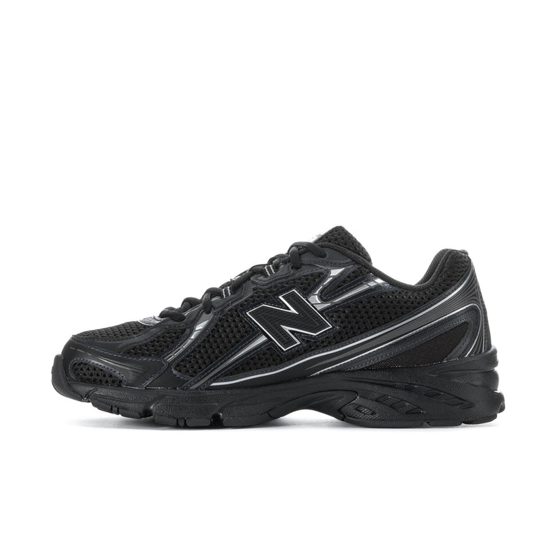 Men's black running shoes with metallic N logo stripe, lace-up mesh upper, cushioned sole