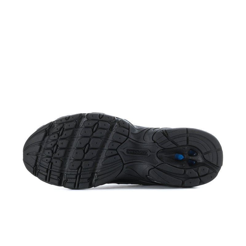 Black rubber outsole with textured traction pattern and blue accent on men's running shoe