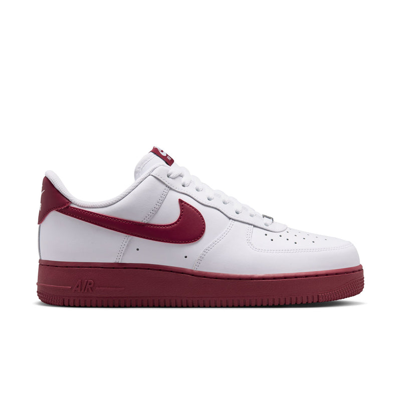 Men's Nike Air Force 1 low-top sneakers, white leather with Team Red Swoosh and trim