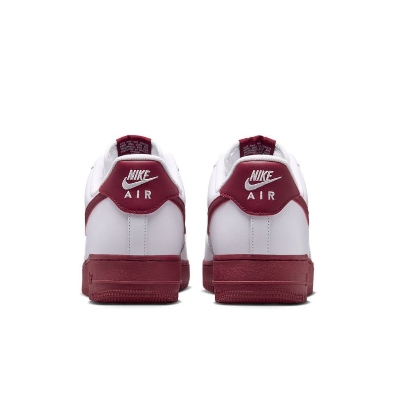 Men's Nike Air Force 1 low-top sneakers, back view with Team Red heel tab and midsole