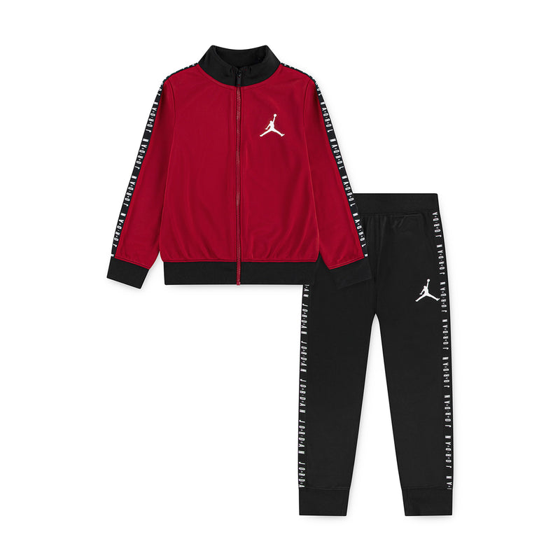 Kids tricot set: red zip jacket with black sleeves and Jumpman logo, black joggers