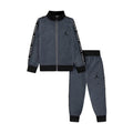 Kids heather grey tricot tracksuit set with black cuffs; zip jacket and jogger pants.
