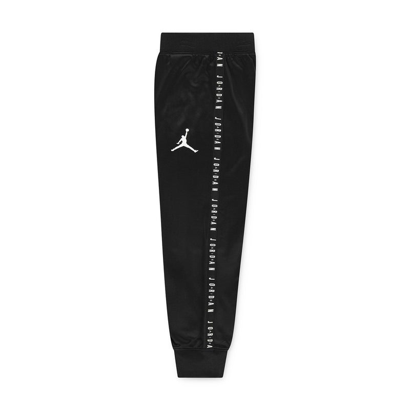 Black kids jogger pants with Jumpman logo and vertical repeating text