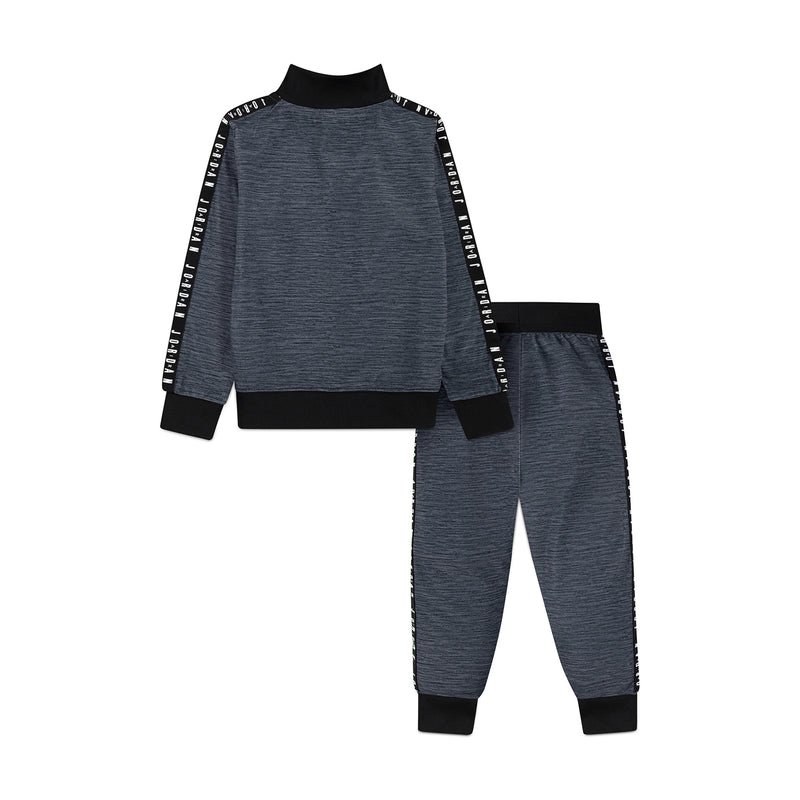 Kids heather grey zip tricot jacket and matching jogger pants with black trim.