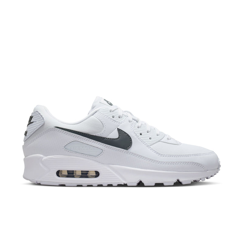 Men's Air Max 90 sneakers in white with dark logo, visible air unit sole