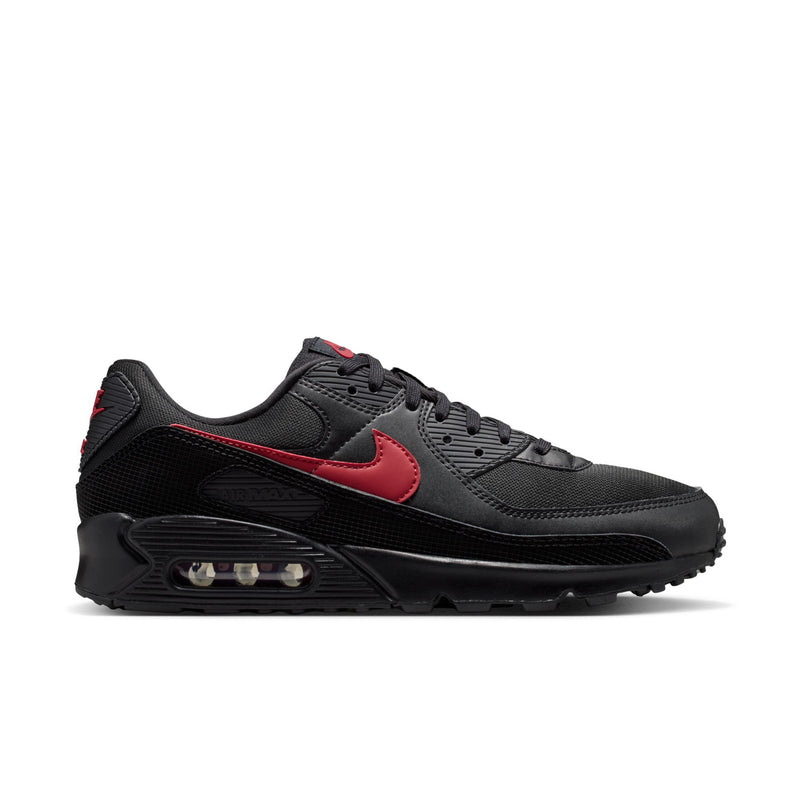 Nike Air Max 90 men's sneaker, black with red swoosh and visible Air sole unit