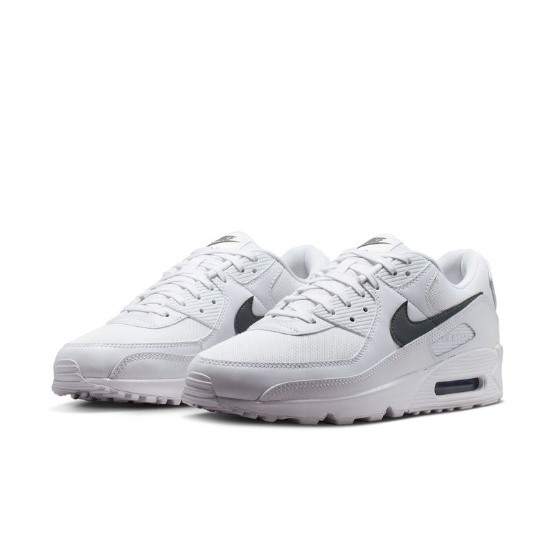 Men's Air Max 90 sneakers, white uppers with black swoosh, padded toe