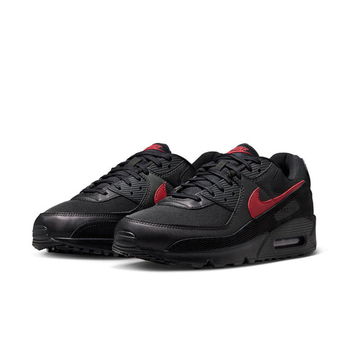 Nike Air Max 90 men's sneaker pair, black uppers with red swooshes and Air sole