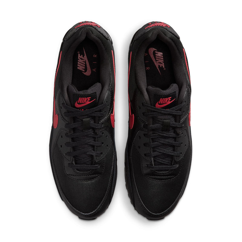 Nike Air Max 90 men's sneaker toe view, black mesh with red accent stitching