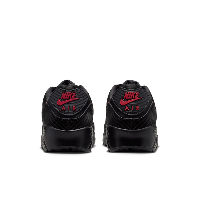 Nike Air Max 90 men's sneaker heel view, black with red Nike Air branding