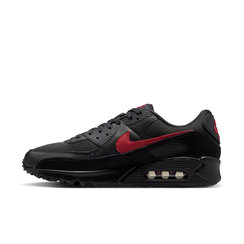 Nike Air Max 90 men's sneaker side view, black with red swoosh and Air heel unit