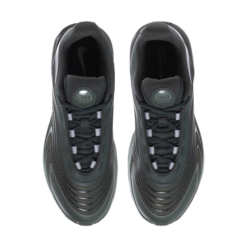 Men's running shoe front view, dark green knit upper with black laces and Air label