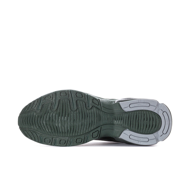 Men's running shoe outsole, dark green tread with light gray heel and forefoot pads