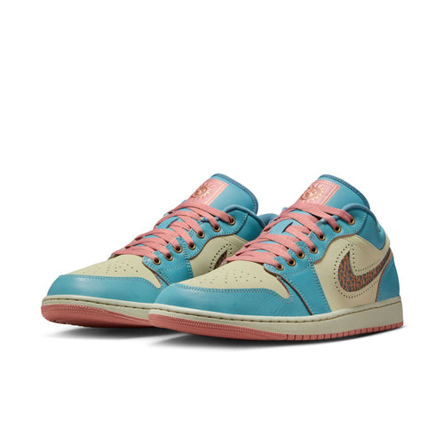 Men's low-top sneakers pair, teal upper with tan panels and pink lace-up