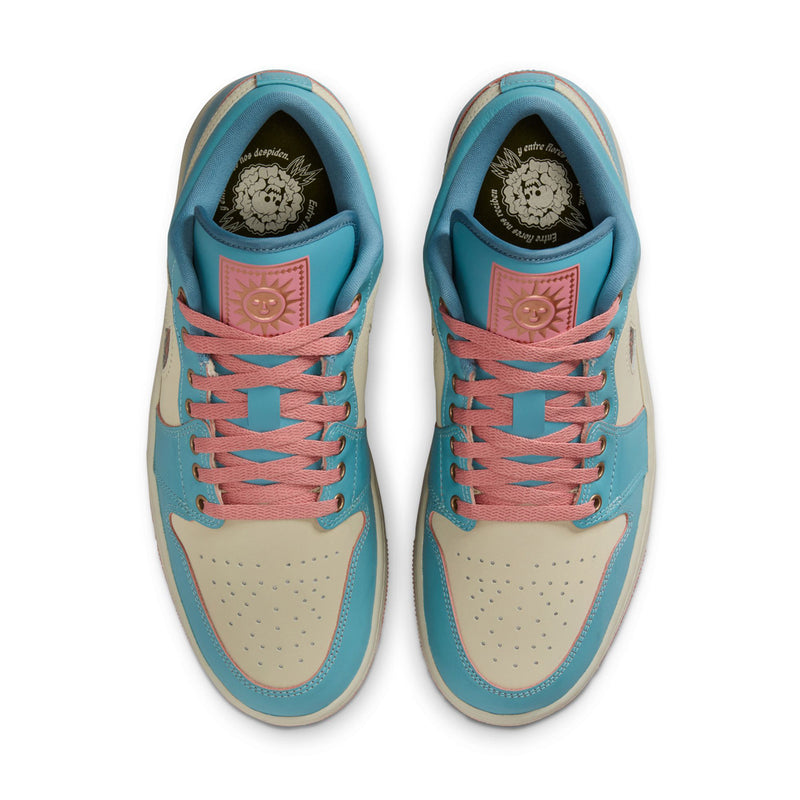 Men's low-top sneakers front view with teal leather, tan toe box, and pink laces