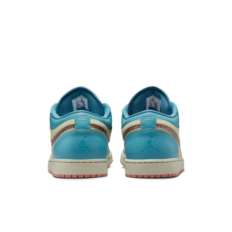 Men's low-top sneakers back view with teal heel, tan overlays, and pink lace