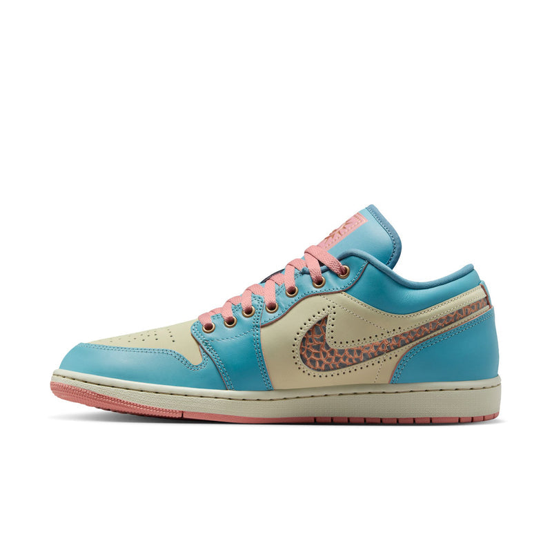 Men's low-top sneakers side view with teal leather, tan Swoosh, and pink lace-up