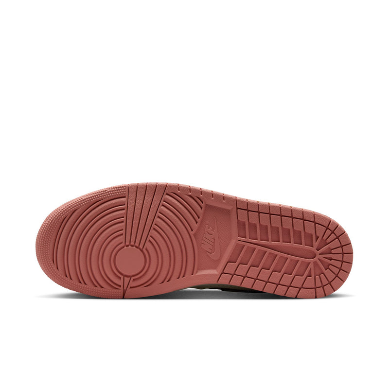 Men's sneaker outsole with textured pink-brown rubber tread and logo pattern