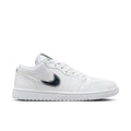 Women's white low-top sneakers with black Nike Swoosh and lace-up front