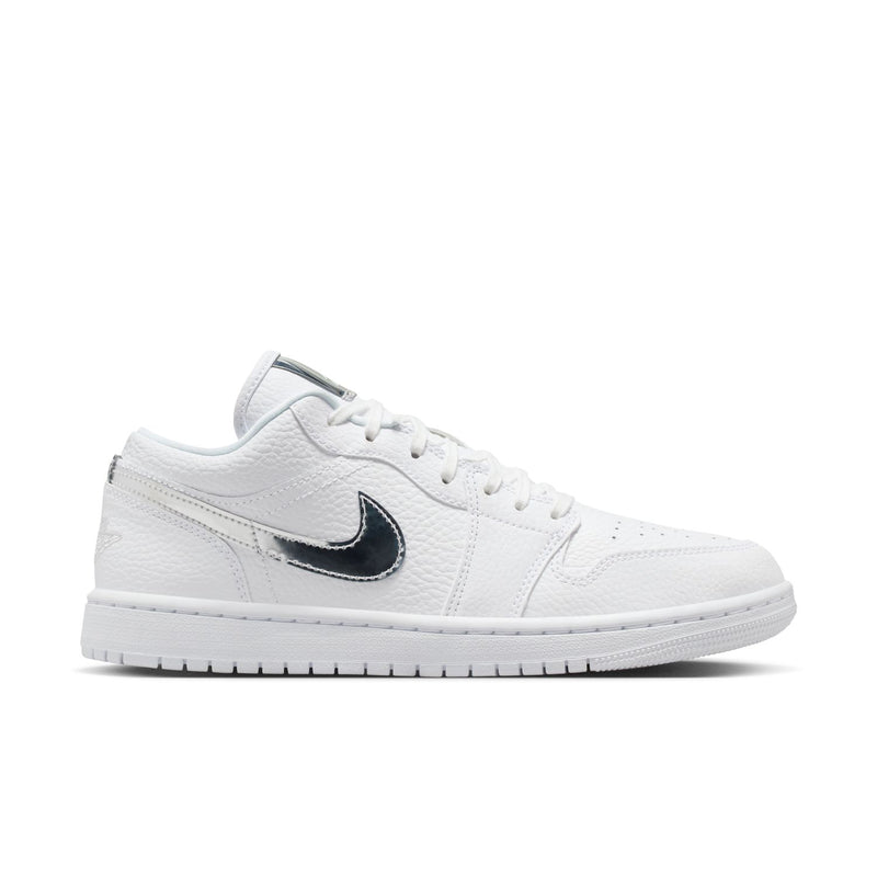 Women's white low-top sneakers with black Nike Swoosh and lace-up front