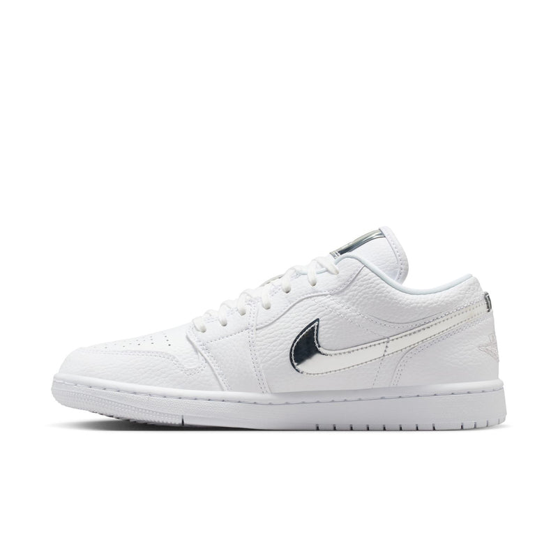 Women's white low-top sneakers with black Swoosh and lace-up front