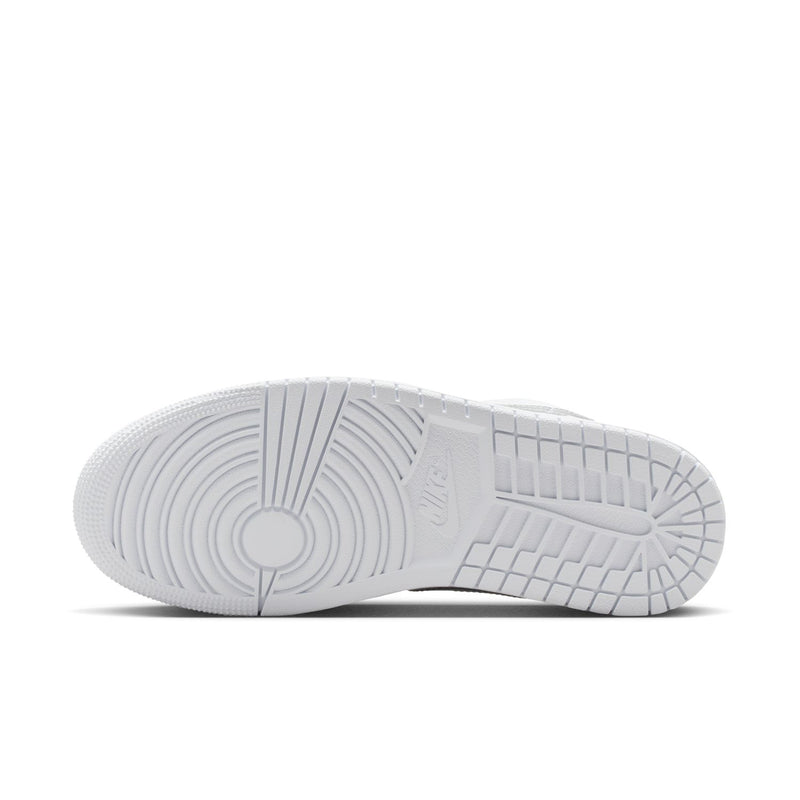 Women's white low-top sneakers with white rubber outsole tread and sidewall details