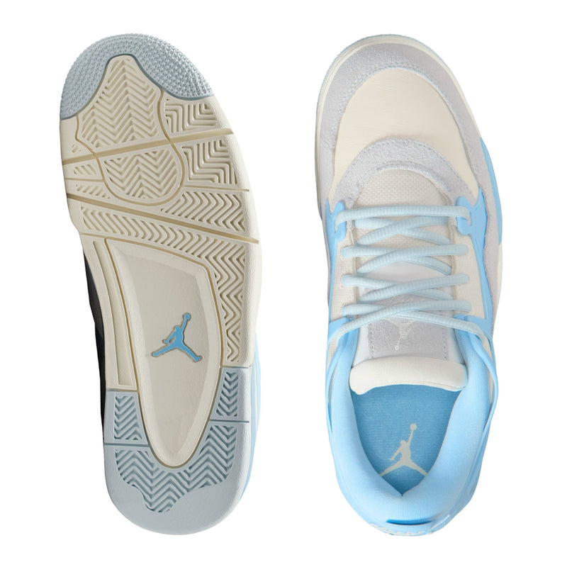 Women's sneaker outsoles and insole view, light blue and pale ivory.