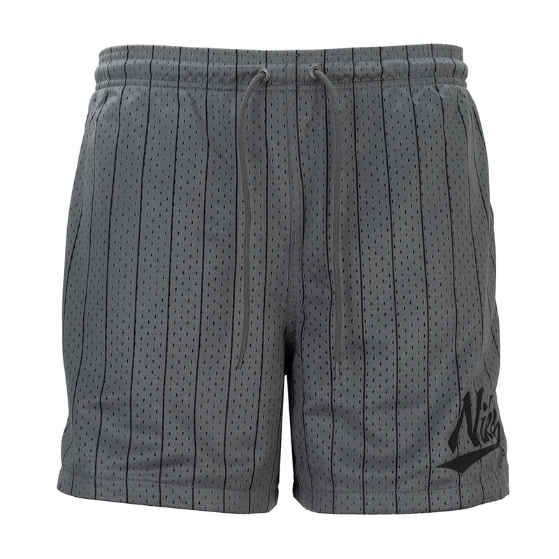 Men's iron grey baseball flow shorts with drawstring elastic waist and patterned fabric