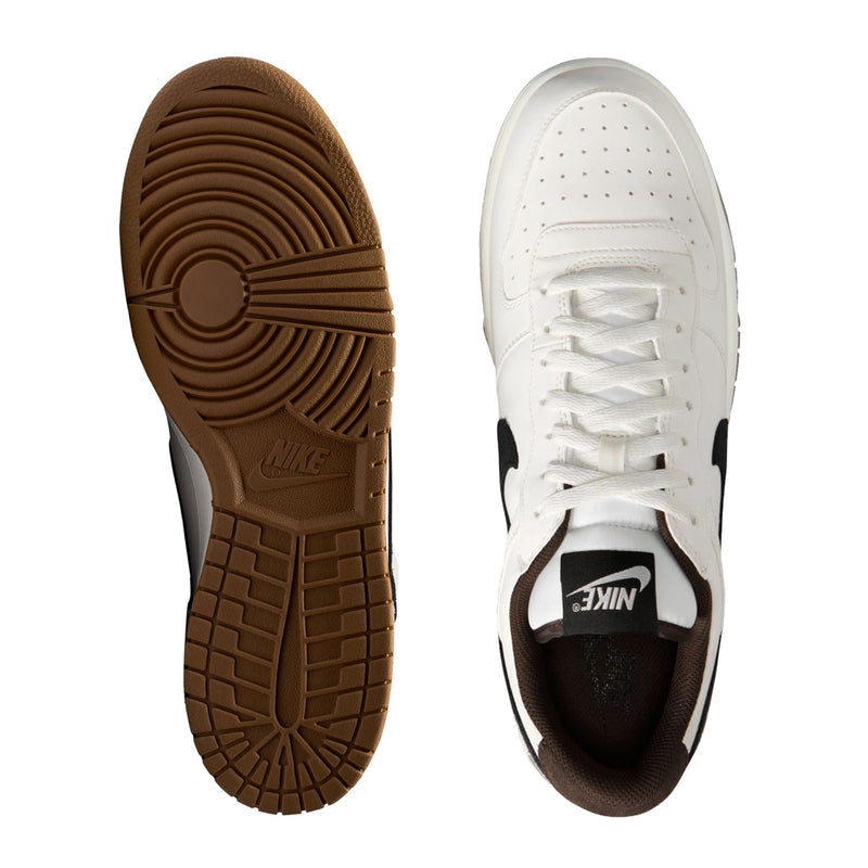 Nike low-top sneaker soles shown: dark brown outsole and white treaded base