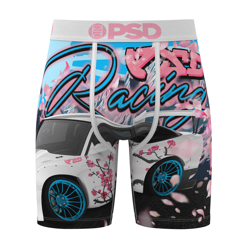 Men's boxer briefs: colorful race car and cherry blossom print, grey waistband