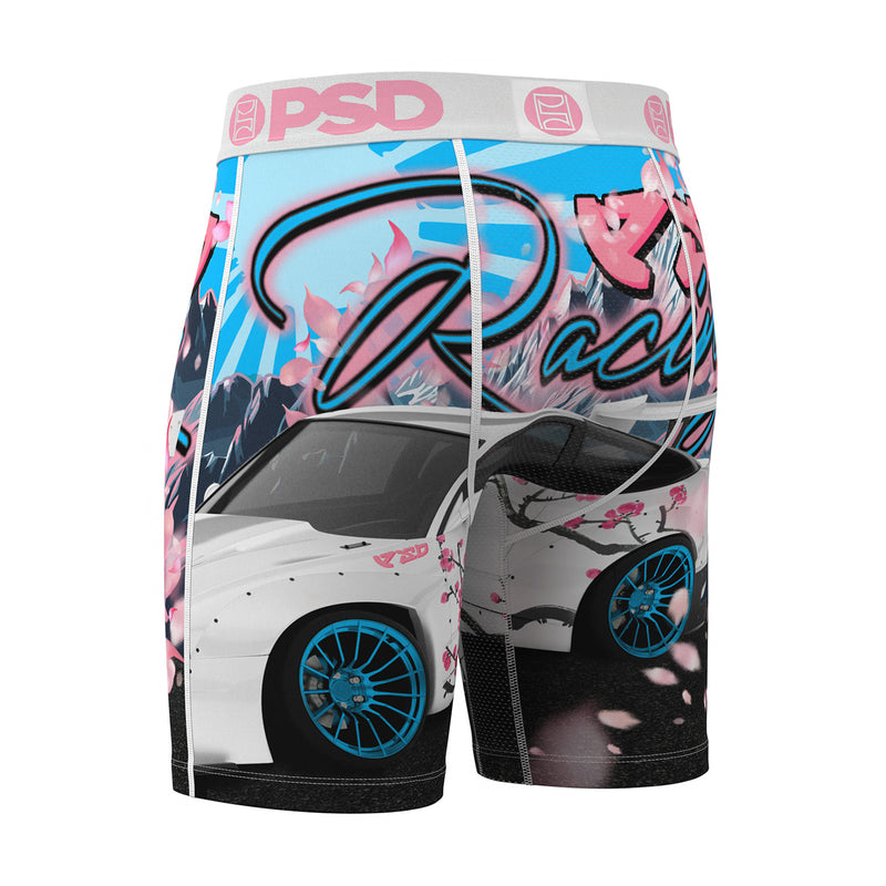 Men's boxer briefs with large blue tire graphic and cherry blossom artwork, grey waistband